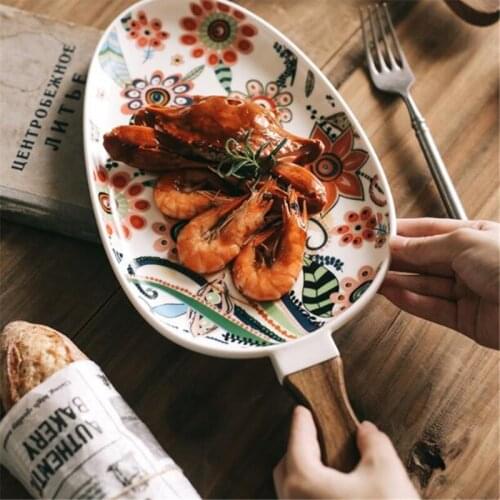 Tableware Nordic Dinner Plates Dish Ceramic Steak Salad Tray with Wooden Handle Home Decoration