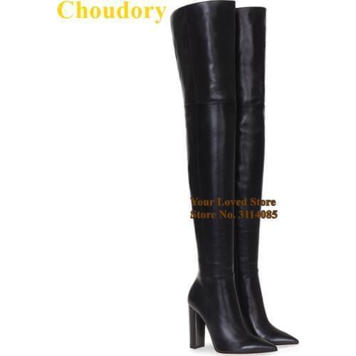 Choudory Chunky Heels Pointed Toe Thigh High Boots Nude Black Matte Leather Over The Knee Dress Boots Fall Winter Long Boots