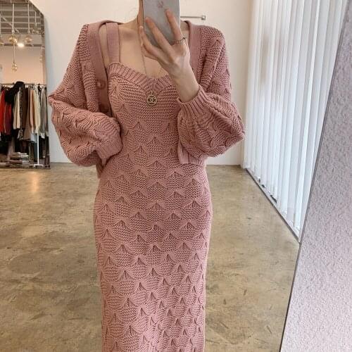 Chic Elegant Knitted Two Piece Dress Set Women Lantern Sleeve Cardigan + Sleeveless Long Dress Set Solid Slim Korean 2 Piece Set