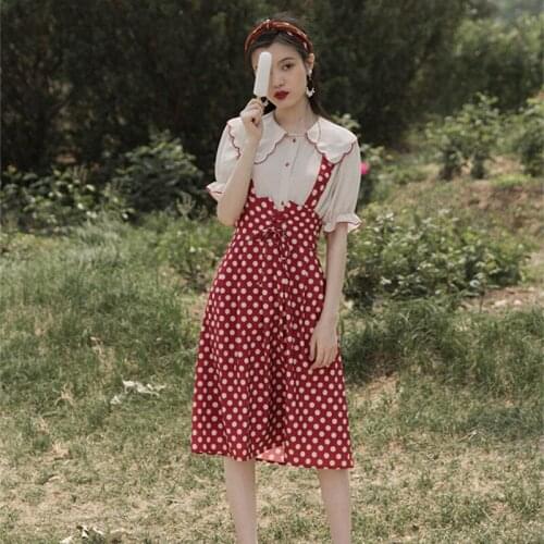 Ladies Literature Vintage Dress For Summer 2021 Single-breasted Doll Collar Cute Shirt Top and Bow Tie Polka Dot Strap Dress Set