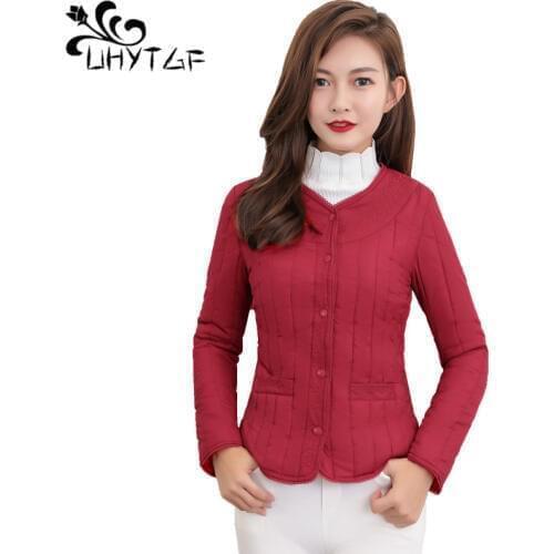 UHYTGF Winter Cotton-padded Jacket Fashion Warm Ladies Down Short Design Coat Korean Plus size Women Slim Cotton Outerwear X438