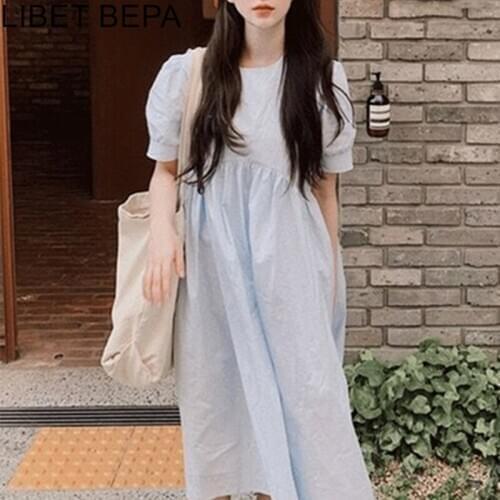 2021 New Womens Summer Dresses Casual Puff Sleeve High Waist Solid Vintage Fashionable Loose Draped Patchwork Long Dress DR2103