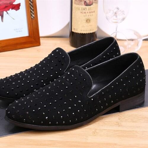 Christia Bella Classic Black Suede Leather Male Loafers Shoes Full Rhinestone Mens Party Flats Shoes Men Fashion Slip on Shoes