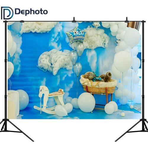 DePhoto Photo Backdrop Blue Sky Clouds Balloon Baby Photography Backdrop Toy Kid Birthday Party Photo Shoot Studio Background