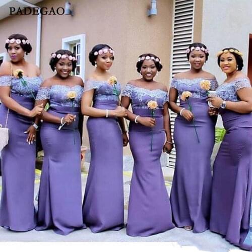 Purple Mermaid Off Shoulders Bridesmaid Dresses Cheap Lace Bodice Plus Size Custom Made Backless Fitted Prom Bridesmaid Dress