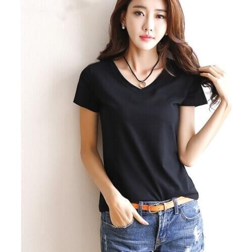 2020 Summer Skinny T-shirt V-Neck / Round Neck Womens Short Sleeve Black / White Simple Women T Shirt Casual Tee Shirt Top