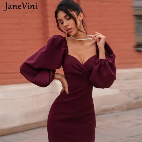 JaneVini 2021 Spring Autumn Burgundy Elegant Women Split Long Dresses Strapless Solid Puff Full Sleeves Midi Satin Party Dress