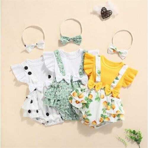 2Pcs Summer Baby Girl Rompers Newborn Baby Clothes Toddler Ruffle Sleeve Fruit Floral Dot printed Jumpsuit With Headband
