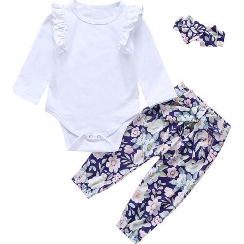 3pcs Newborn Baby Girl Clothes Set Fashion Autumn Long Sleeve Ruffle Romper Tops Pants Headband Infant Clothing Outfits