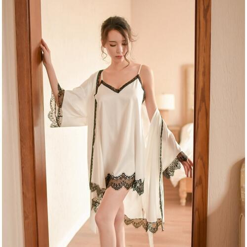 White Sleepwear Sets Sexy Lingerie Mini Dress Bathrobe Silk Dress Robe Set Lace Womens Tops and Blouses Night Dress Underwear