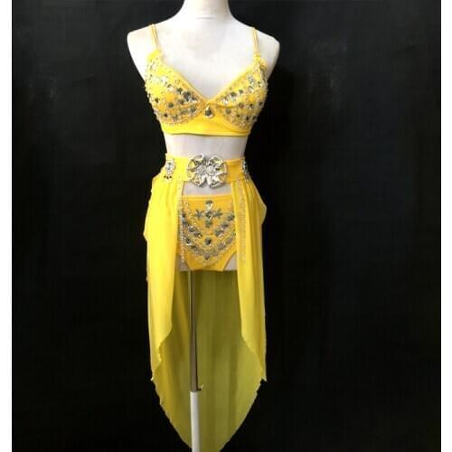 New Shiny Rhinestone Yellow 3 Piece Suit Nightclub DJ DS Stage Costumes Pole Dance Clothing Festival Party Rave Outfit DQL4238