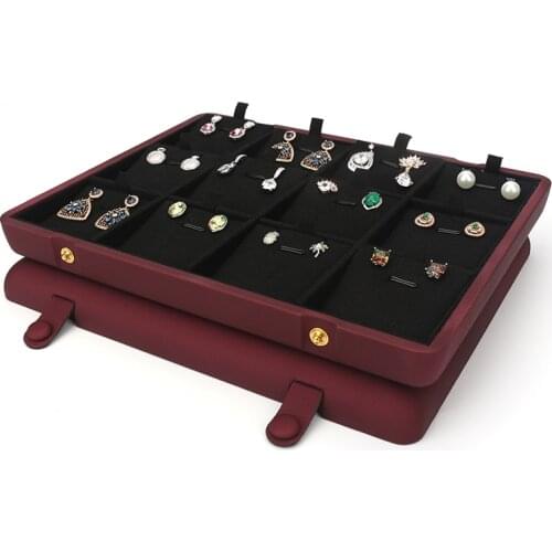 New Listing 12 Cells Retro Red Concealed Button PU Leather Jewelry Ring Pendant Display Tray For Organizer Holder Rack Stand