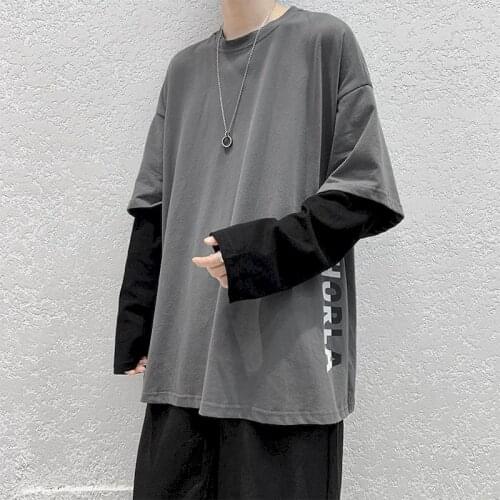 Autumn Spring Tshirt Hong Kong style fake two-piece long-sleeved T-shirt male Korean loose wild couple student trendy casual