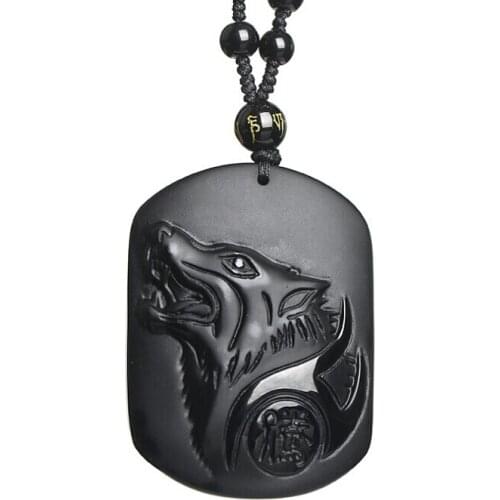 HFANCYW New Arrival Natural Obsidian Wolf Pendant Six Word Beads Necklace Adjustable Beaded Necklace Wholesale Healthy Jewelry