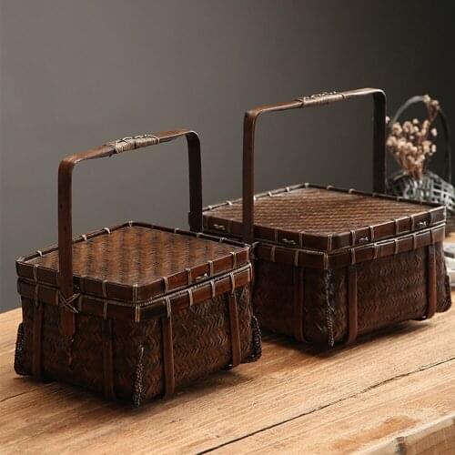 Handmade Portable Natural Bamboo Basket For Fruit Dessert Snacks Nuts Bamboo Weave Contanier For Home Kitchen Teahouse Picnic