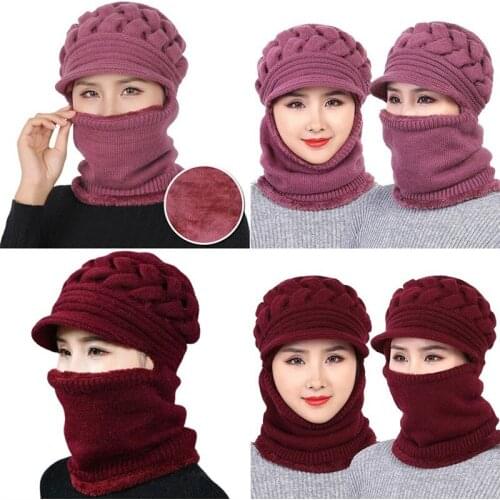 1PCS Knitted Hat Border Hat Bib Womens Winter Ear And Face Protection Plush Wool Korea Solid Color Warm Cap