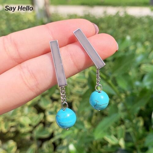 SAY HELLO Metal Tassel Turquoises Round Beads Dangle Earrings for Women Girls Party Stud Drop Earrings Gifts Brinco B0410
