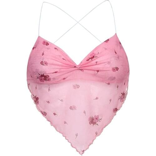 Women Sexy Sheer Mesh Camisole, Sleeveless Spaghetti Strap Floral Print Criss Cross Tie Back Crop Cami Tops