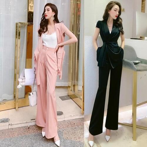Women 2021 Summer Set Female Short Sleeve Blazer Lace Up Coats High Waist Wide Leg Pants Two Piece Sets Fashion Chic Suits K20