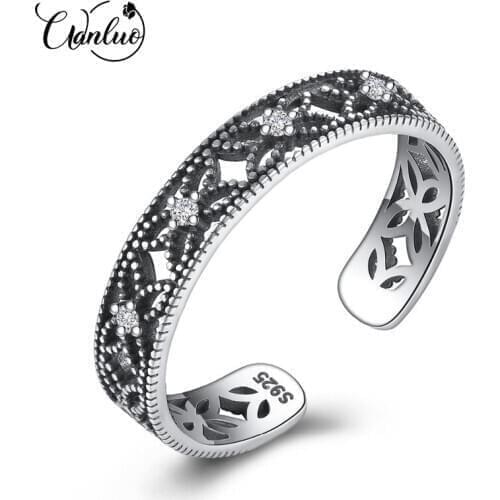 WANLUO 100% Sterling Silver 925 Open Rings For Women Hollow Flower Design&Carving S925 Adjustable Ring Attractive Female Jewelry