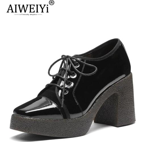 AIWEIYi Women Platform Shoes British Style Thick High Heels Leather Shoes Lace-Up Fashion Casual Shoes