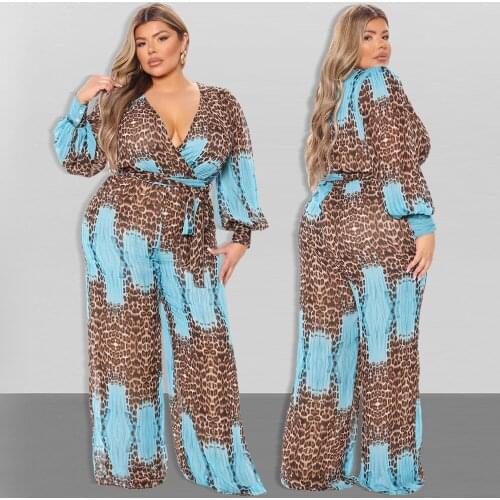 Leopard Printing Women Sexy Deep V-neck Loose Jumpsuits 2021 Summer Lantern Sleeve Plus Size Sashes Clubwear Chiffon Rompers
