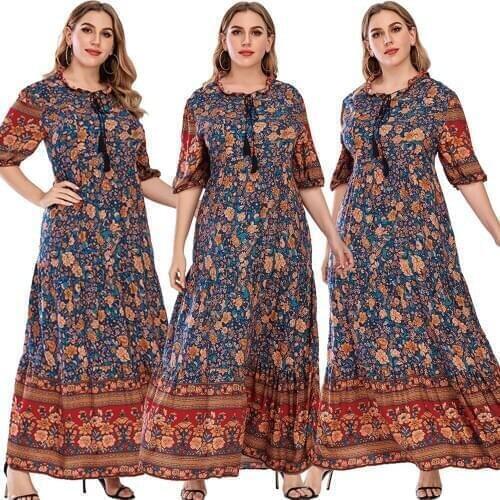 Vintage Women Printed Long Dress Half Sleeve Maxi Robe For Women Bohemian Middle East Dubai Kaftan Loose Casual Abaya Plus L-4XL