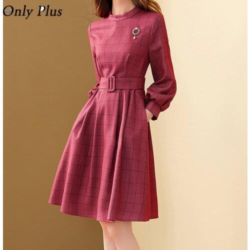 Only Plus Red Plaid Dress Lantern Sleeve O-neck Brooch Elegant Dresses Female Autumn Winter Slim Belt Vintage Dress Vestidos