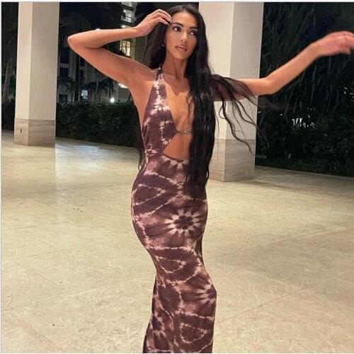 2021 Europe and the United States cross border sexy hollow neck open back bandage long slim buttock dress Holiday dress y2k