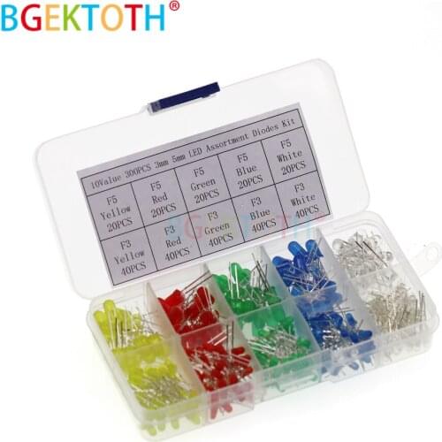 300PCS 3mm 5mm LED Light White Yellow Red Green Blue Assorted Kit DIY LEDs Set 3V 20mA