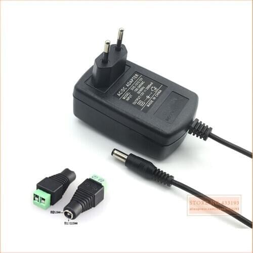 NEW 1PCS 24W EU US Plug Driver Adapter AC110V 220V to DC 12V 2A 5.5*2.1mm LED Power Supply +1pcs Female Connector For LED Strip