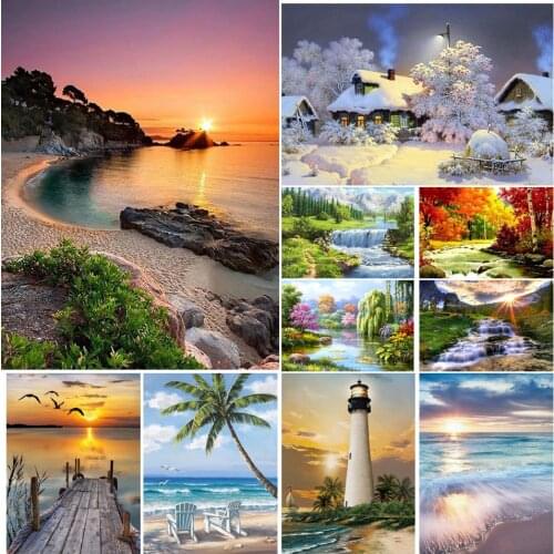 DIY 5D Diamond Painting Landscape Sunset Beach Waterfall Kit Full Drill Embroidery Mosaic Art Picture of Rhinestones Home Decor