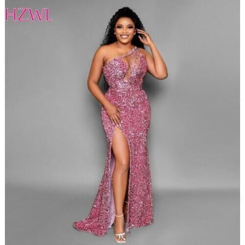 Sparkly One Shoulder Sequined Prom Dresses 2021 Aso Bei Plus Size Mermaid Evening Gowns Side Split Sweep Train Party Dress