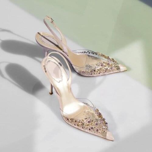2021 New Fashion Sexy High Heels Elegant Thin Crystal Sandals Women Transparent Rhinestone Pointed Shoes Wedding Women Shoes