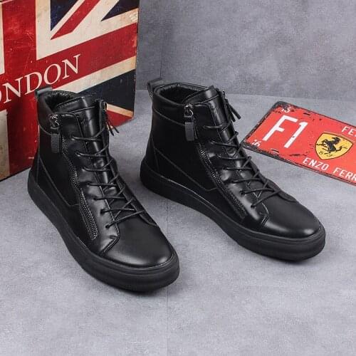 Korean style mens leisure genuine leather boots black white flats platform shoes brand designer cowboy boot ankle botas hombre