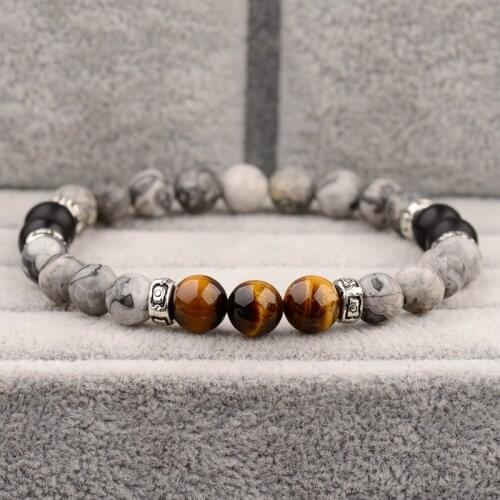 Natural Stone Bracelets Homme Male Map Tiger eye Brazalete For Hombre Buddha Braslet 8mm Silver Color Beaded Strand Braclet