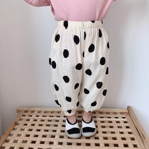 Girls' trousers Korean version 2019 new summer thin section cotton linen girl pants baby dot harem pants baby loose trousers
