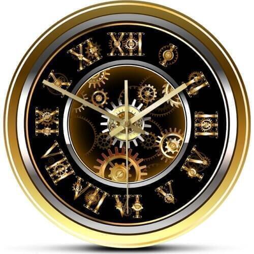 Clockwork Steampunk Style Modern Design Wall Clock For Bedroom Home Décor Vintage Roman Numerals Gold Gear Printed Wall Clock