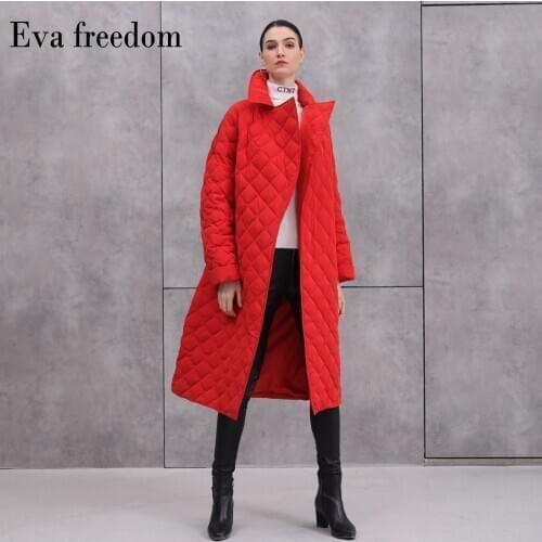 Eva Freedom Ladies Jacket 2020 Winter Diamond Plaid European and American Style Long Belt Plus Size Thick Down Jacket Women