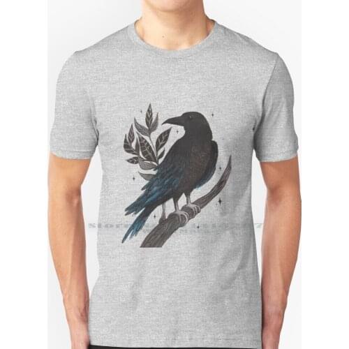 Raven T Shirt 100% Pure Cotton Inktober Ink Witchy Vibes Magic Magical Bird Autumn Fall Crow Raven Tattoo Leaves Leaf Nature