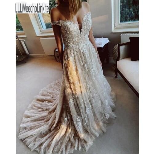 Lace Tulle Beading A-Line Wedding Dresses Chapel Train Off The Shoulder V-Neck Floor-Length Bridal Gowns