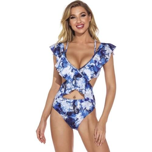 2021 Europe and The United States New Hot Style Printed Bikini Sexy V-Neck Cross Lace Ruffled Swimsuit Suit Women