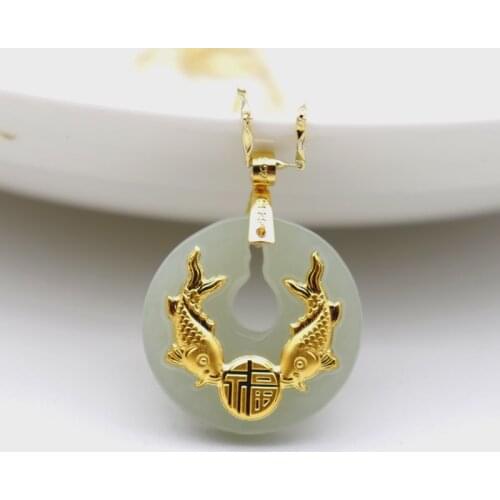 Vogue Hand-Carved Hetian Jade 24k Gold Necklace Circle Hollow Double Fish Lucky Happiness Pendants For Women Men Girls Gift
