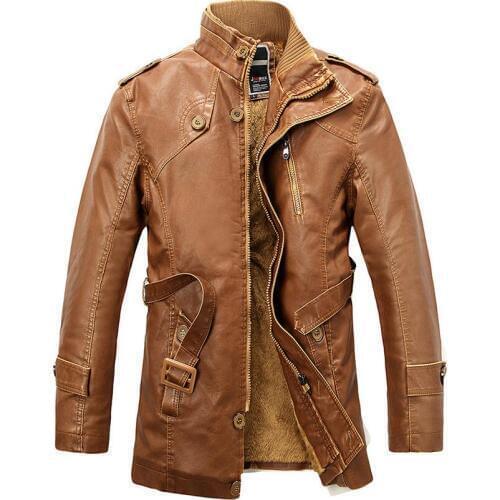 Leather Jacket Men Casual Long Wool Stand Collar Coats jaqueta de couro Mens PU Leather Motorcycle Jacket Outwear Trench Parkas