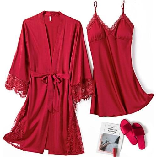 Soft Women Rayon Robe Sets Lace Floral Trim 2PCS Lingerie Kimono Nightgown Sexy V-Neck Strap Top Sleepshirts Lounge Home Dress