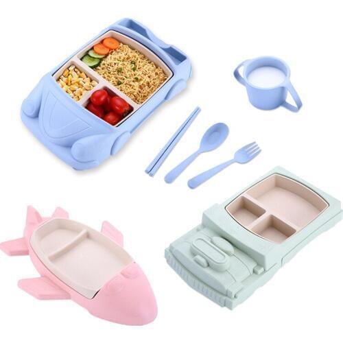 5 pcs/lot Baby Car Airplane Train Tableware Feeding Dishware Children Cartoon Plate Bowl Fork Spoon Cup Food Dishes Feeding Set