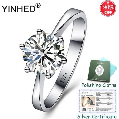 Send Certificate! YINHED 100% 925 Sterling Silver Ring Classic 1 Carat CZ Diamond Solitaire Ring Wedding Rings for Women ZR556