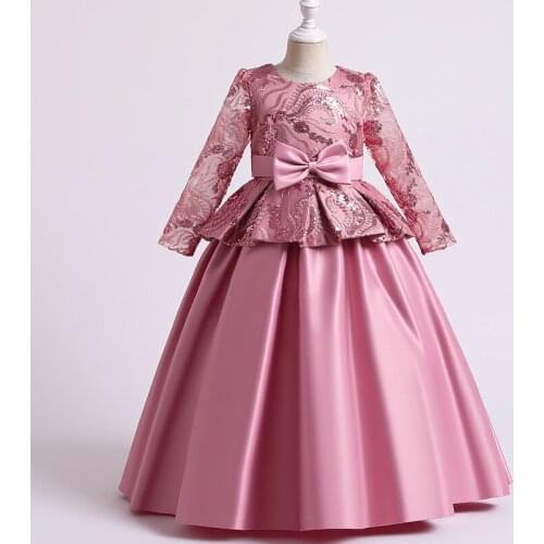 Kids Girl Long Sleeve Lace Bridesmaid Dresses Children Embroidery Sequins Evening Dresses For Girls Birthday Prom Party Dress