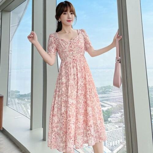 Vintage Floral Print Dress Women Square Collar Short Sleeve Elegant Midi Dresses Women 21 Summer Slim Pink Dress Female CX2007