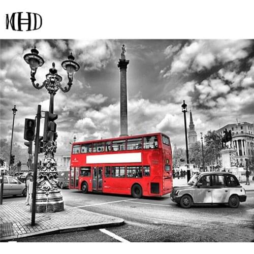 Full Square & Round 5d diy Diamond Cross Stitch Red Bus View Diamond Embroidery Diamond Painting Mosaic